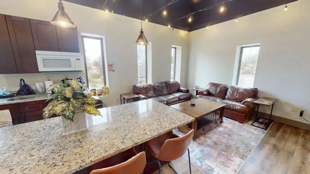 Kitchen island and lounge seating area