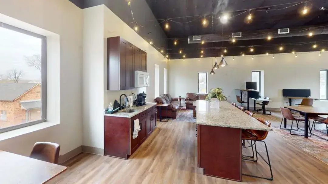 Open workspace viewed from kitchen area